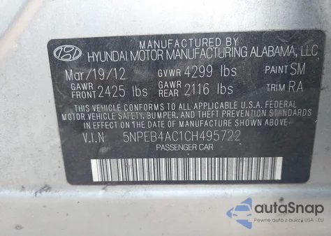 2012 Hyundai Sonata Gls из США, поврежденный, VIN 5NPEB4AC1CH495722